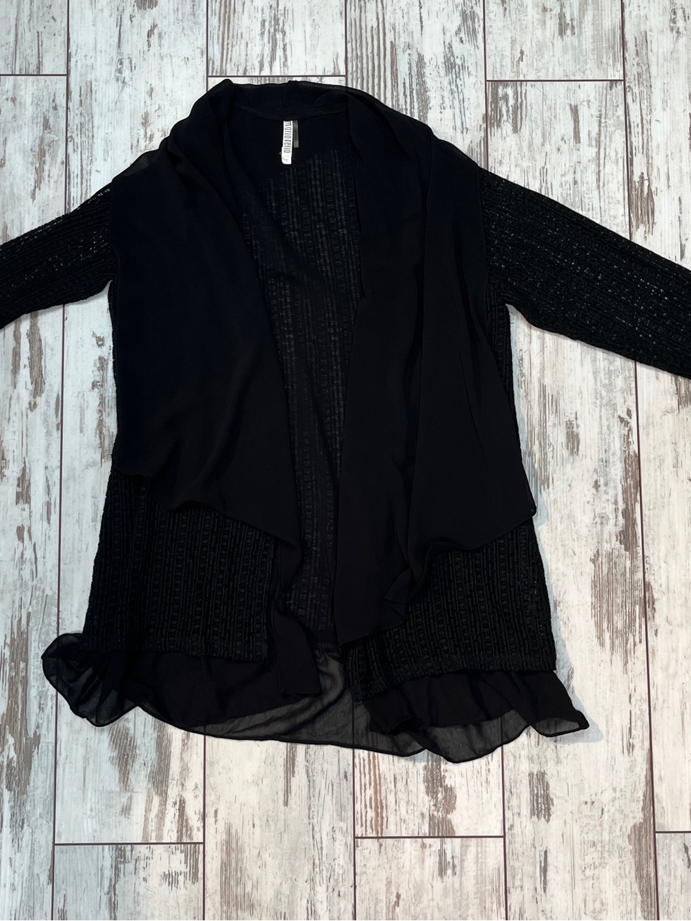 Monoreno Mixed Media Open Front Cardigan Womens Medium Black Crochet Chiffon - Picture 13 of 13